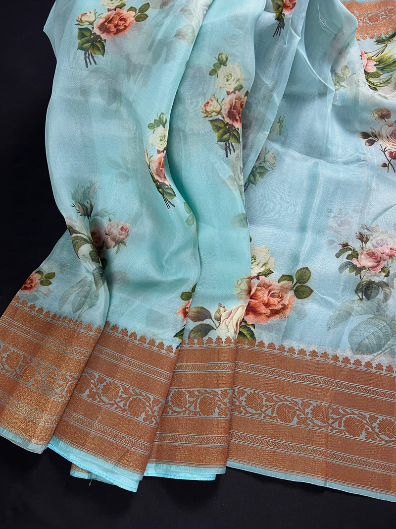 Pastel Sea Blue Color Pure Banarasi Organza Silk Saree with Digital Floral and Antiques Zari | SILK MARK CERTIFIED | Saree Store California - Kaash