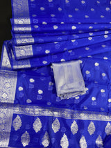 Royal Blue Soft Kora Silk Saree Saree with Silver Zari Work | Banarasi Light Weight Saree | Pastel Color Sarees | Kaash Collection Sarees - Kaash