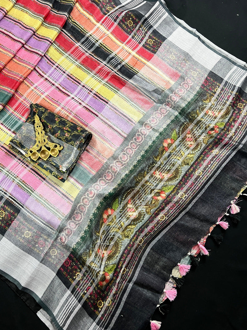 Sabyasachi Inspired Pure Linen Silk Saree | Antique Sliver Zari Work | Linen Saree | Digital Prints Sarees | Saree Store - Kaash