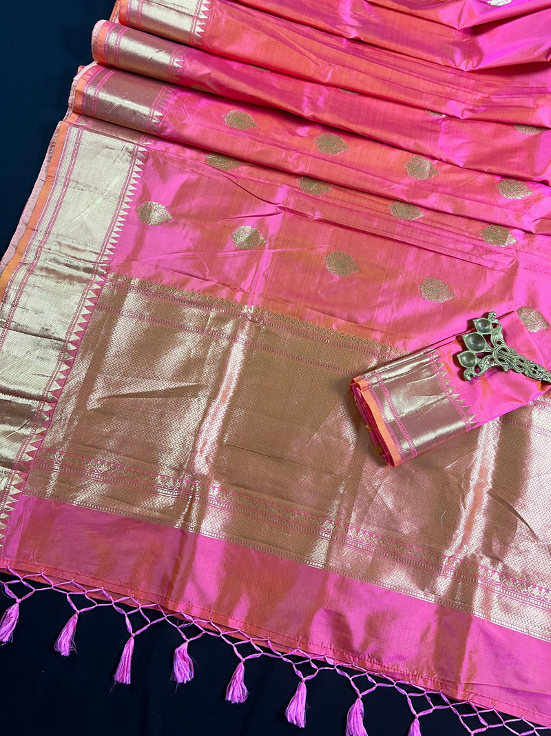Peachy Pink Color Pure Banarasi Katan Silk Saree with Gold Zari | Dual Tone in Sarees | Pure Silk Sarees in USA | Silk Mark Certified - Kaash