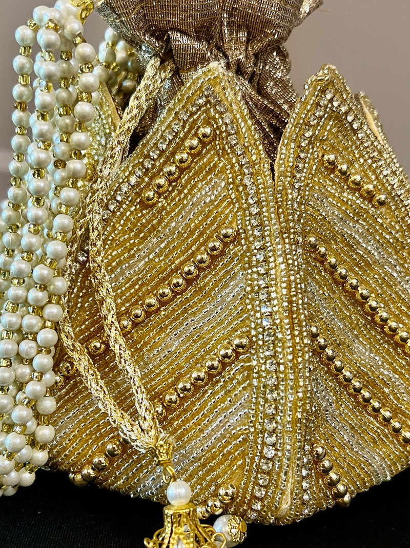 Gold Potli Bag | Gold and Sliver Beaded Studded Clutch | Party Clutch Sling | Wedding Purse in Gold | Handmade Embellished Lotus Potli Bag - Kaash