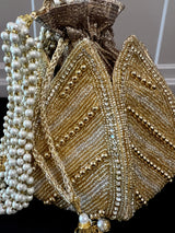Gold Potli Bag | Gold and Sliver Beaded Studded Clutch | Party Clutch Sling | Wedding Purse in Gold | Handmade Embellished Lotus Potli Bag - Kaash