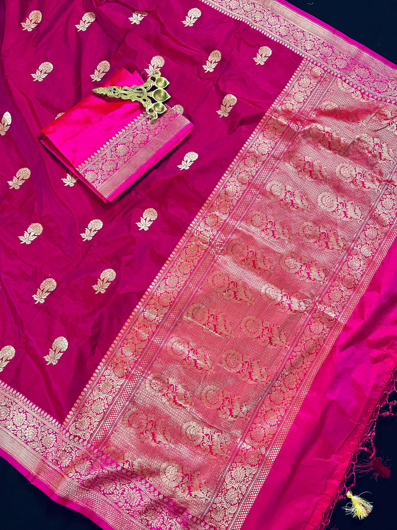 Pure Katan Silk Saree | Magenta Pink with Hot Pink Saree | SILK MARK Certified | Pure Silk Sarees | Sarees in USA | Pink Color Saree - Kaash