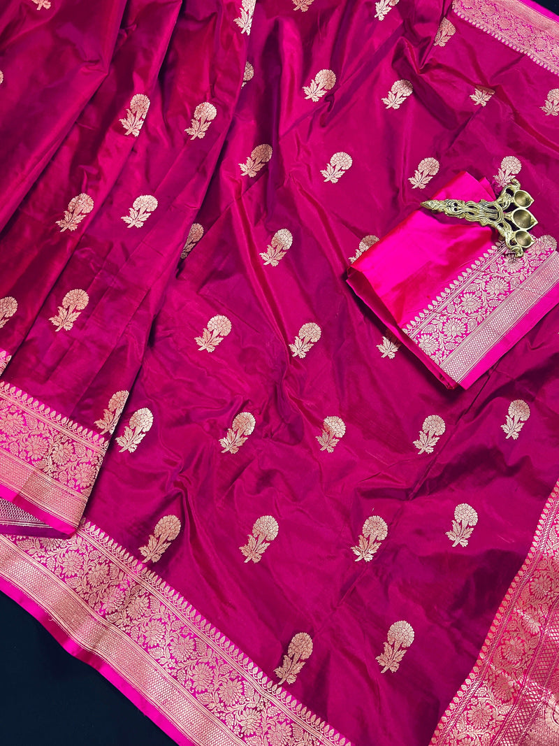 Pure Katan Silk Saree | Magenta Pink with Hot Pink Saree | SILK MARK Certified | Pure Silk Sarees | Sarees in USA | Pink Color Saree - Kaash