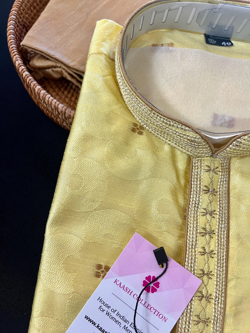 Yellow Color Kurta Pajama Set for Men | Embroidery Work on neckline | Soft Silk Material | Mens Kurta for Haldi - Kaash