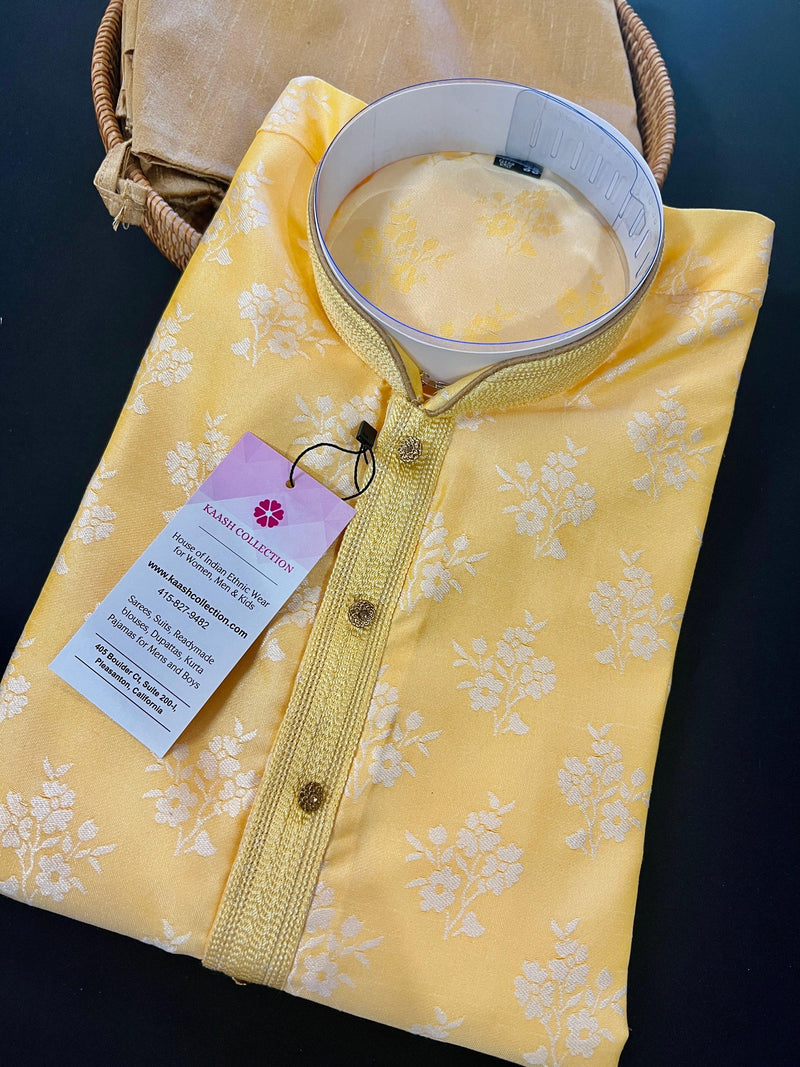 Floral Yellow Soft Silk Kurta Pajama for Men | Floral Kurta | Kurta for Haldi Function | Mens Kurtas | Kurta Store in California | Men Kurta - Kaash
