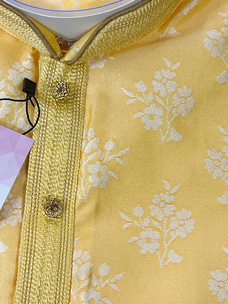 Floral Yellow Soft Silk Kurta Pajama for Men | Floral Kurta | Kurta for Haldi Function | Mens Kurtas | Kurta Store in California | Men Kurta - Kaash