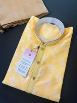 Floral Yellow Soft Silk Kurta Pajama for Men | Floral Kurta | Kurta for Haldi Function | Mens Kurtas | Kurta Store in California | Men Kurta - Kaash