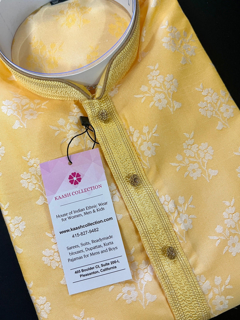 Floral Yellow Soft Silk Kurta Pajama for Men | Floral Kurta | Kurta for Haldi Function | Mens Kurtas | Kurta Store in California | Men Kurta - Kaash