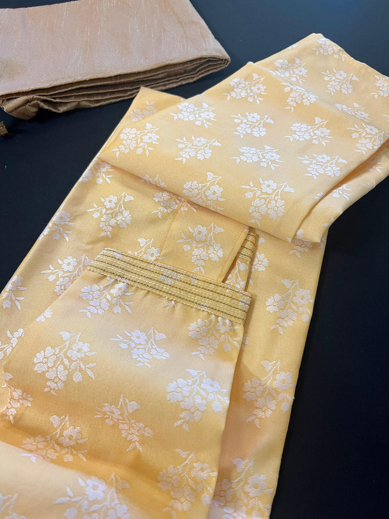 Floral Yellow Soft Silk Kurta Pajama for Men | Floral Kurta | Kurta for Haldi Function | Mens Kurtas | Kurta Store in California | Men Kurta - Kaash