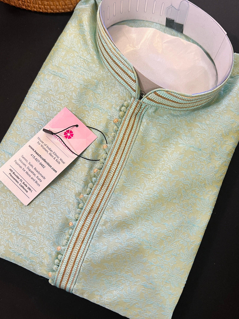 Light Sea Green Kurta Pajama Set for Men | Floral Self Design Kurta | Kurta for Indian Wedding | Ships from California | Mens Kurta - Kaash