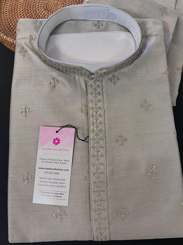 Grey Color Silk Men Kurta Pajama Kurta Pajama Set | Hand Embroidery with Sequin Work | Kurta Pajama for Wedding | Mens Kurta in USA - Kaash
