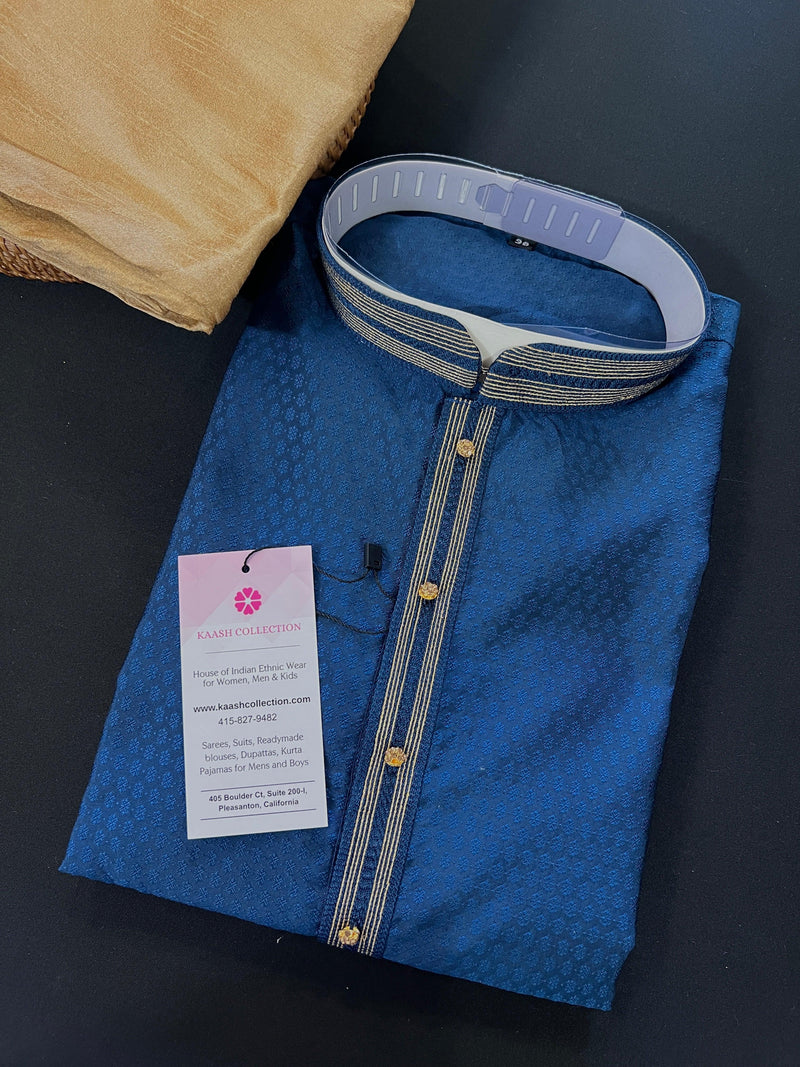 Light Weight Teal Blue Color Men Kurta Pajama | Self Design embroidery Style | Mens Readymade Kurta for Wedding | Kurta Pajama for Men - Kaash