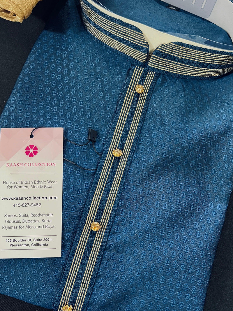 Light Weight Teal Blue Color Men Kurta Pajama | Self Design embroidery Style | Mens Readymade Kurta for Wedding | Kurta Pajama for Men - Kaash