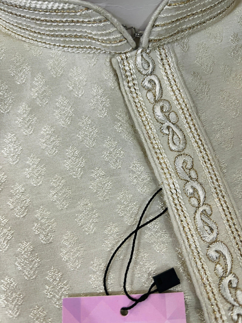Off White Raw Silk Men Kurta Pajama Set with Embroidery Neckline | Kurta Sets in USA | Ships from California - Kaash