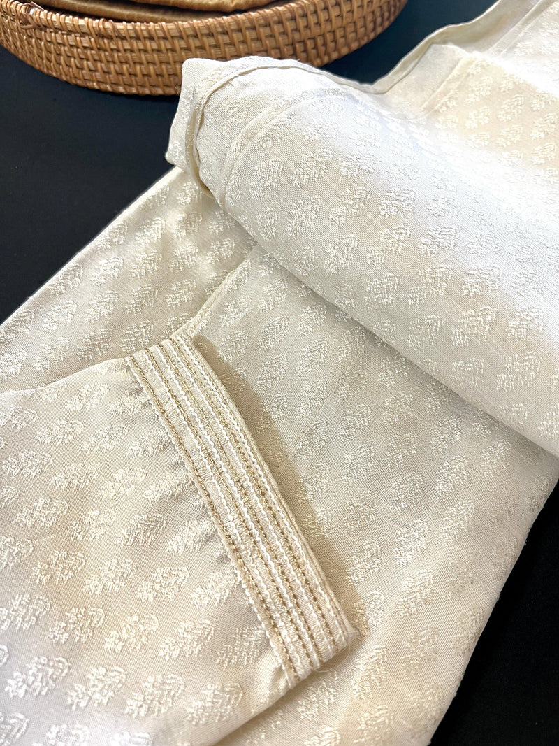 Off White Raw Silk Men Kurta Pajama Set with Embroidery Neckline | Kurta Sets in USA | Ships from California - Kaash