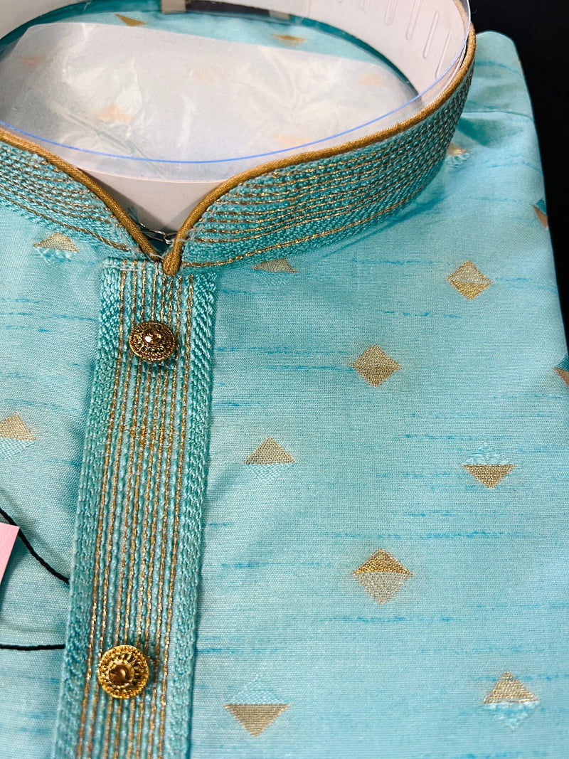 Designers Sea Green with tint of Blue Silk Men Kurta Pajama Set with Zari Weave | Mens Ethnic Wedding Wear - Kaash