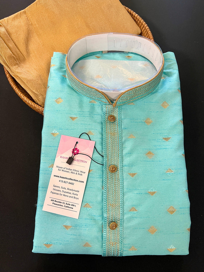 Designers Sea Green with tint of Blue Silk Men Kurta Pajama Set with Zari Weave | Mens Ethnic Wedding Wear - Kaash