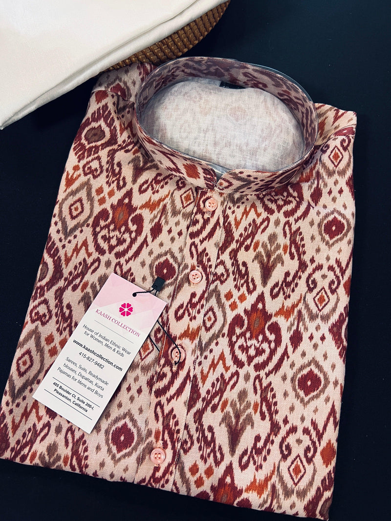 Ikkat Digital Printed Linen Silk Kurta with White Cotton Pajama | Summer Kurta Pajama for Men | Linen Kurta for Men | Printed Kurtas for Men - Kaash