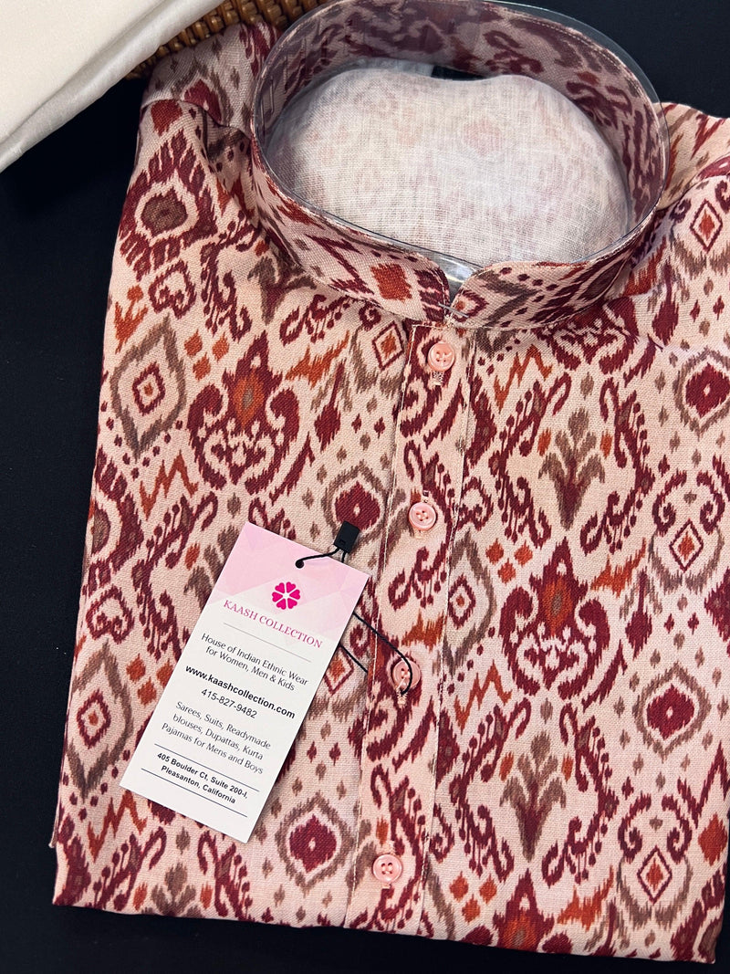 Ikkat Digital Printed Linen Silk Kurta with White Cotton Pajama | Summer Kurta Pajama for Men | Linen Kurta for Men | Printed Kurtas for Men - Kaash