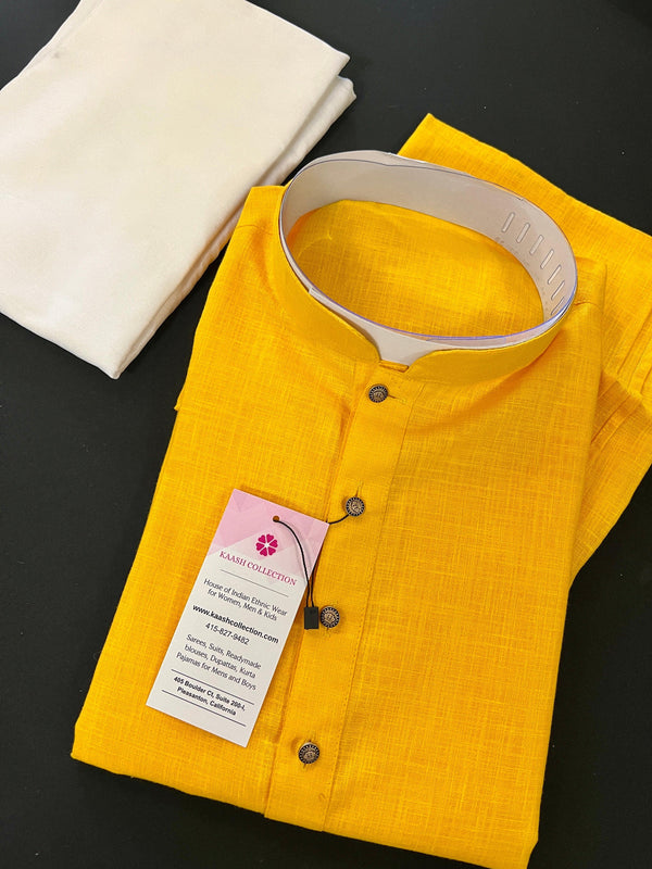Yellow Men's Cotton Kurta Pajama Set | Mens Ethnic Wear | - Kaash