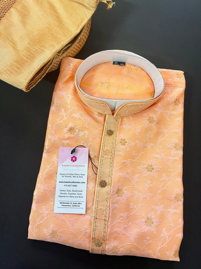 Light Peach Men Kurta Pajama in Floral Self Design material with small Zari Weave Flower | Mens Ethnic Wear - Kaash