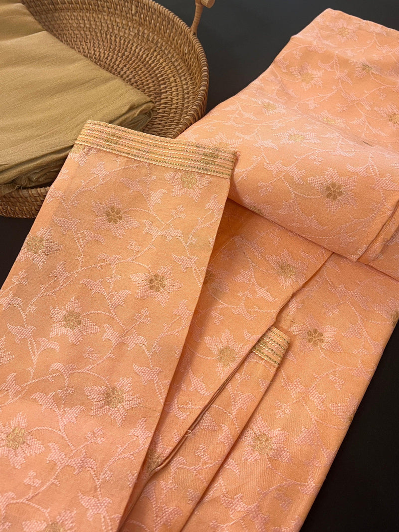 Light Peach Men Kurta Pajama in Floral Self Design material with small Zari Weave Flower | Mens Ethnic Wear - Kaash