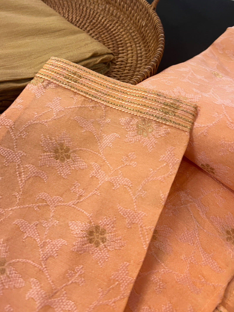 Light Peach Men Kurta Pajama in Floral Self Design material with small Zari Weave Flower | Mens Ethnic Wear - Kaash