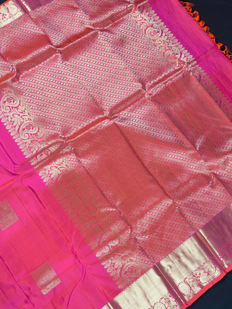 Peach Pink Pure Kanjivaram Silk Saree - Gold Zari Weave - Heirloom Pure Silk dual tone Sari - SILK MARK CERTIFIED - Kaash