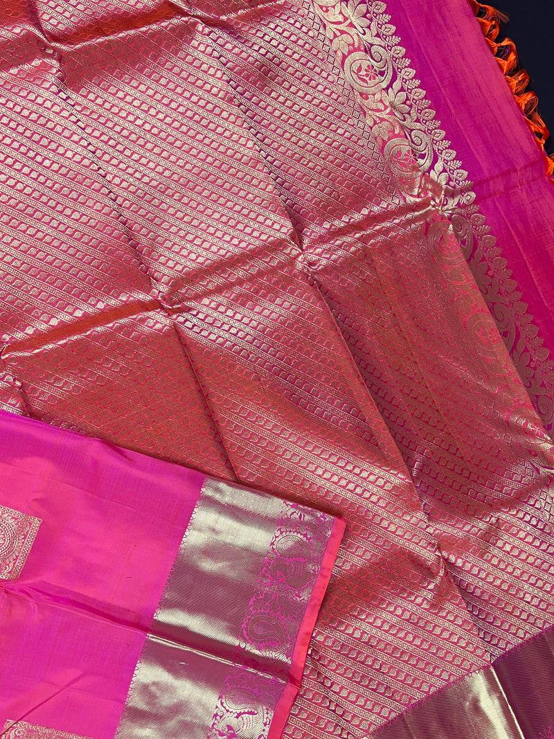 Peach Pink Pure Kanjivaram Silk Saree - Gold Zari Weave - Heirloom Pure Silk dual tone Sari - SILK MARK CERTIFIED - Kaash