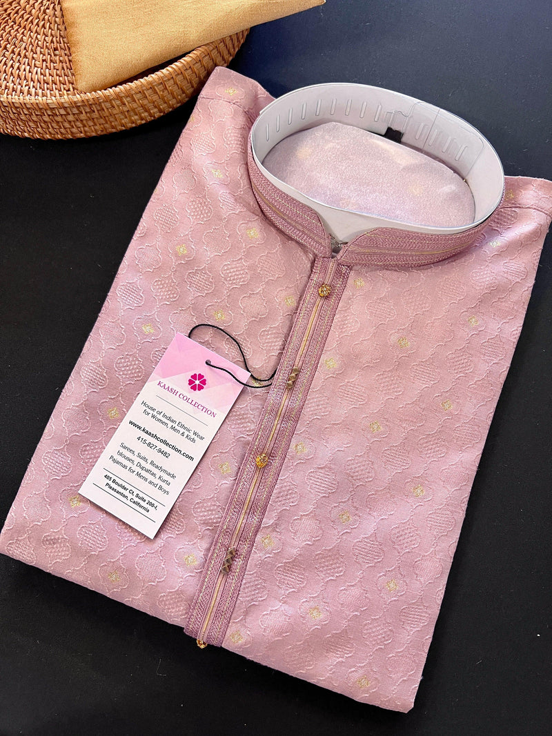 Mauve Raw Silk Light Weight Men Kurta Pajama with Self Design | Kurta Pajama for Men | Indian Outfit for Weddings | Ethnic Fashion Clothing - Kaash