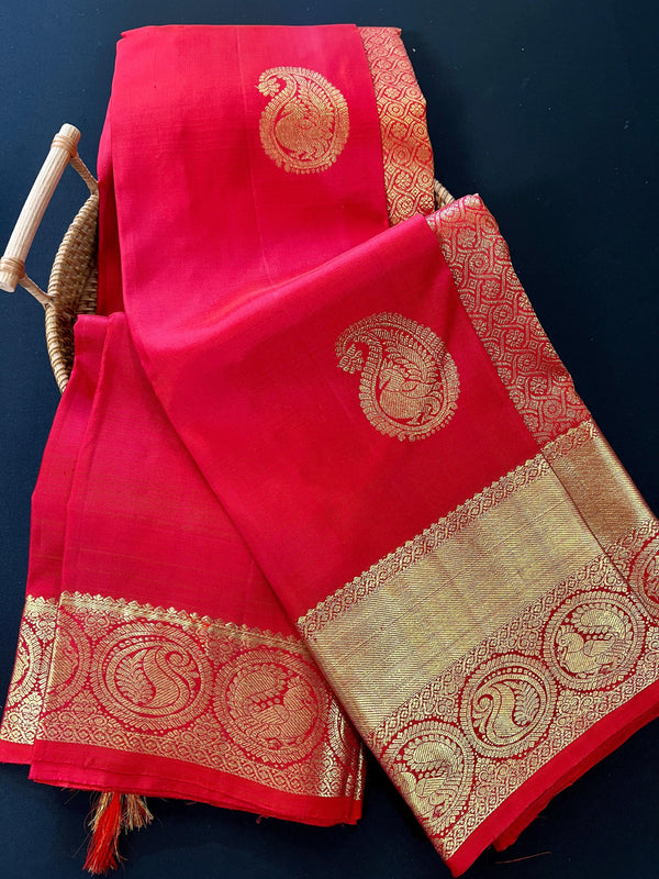 Red Pure Kanjivaram Silk Saree with Gold Zari Weave | Heirloom Kanchipuram Pure Silk Sari | SILK MARK CERTIFIED | Ships from California - Kaash