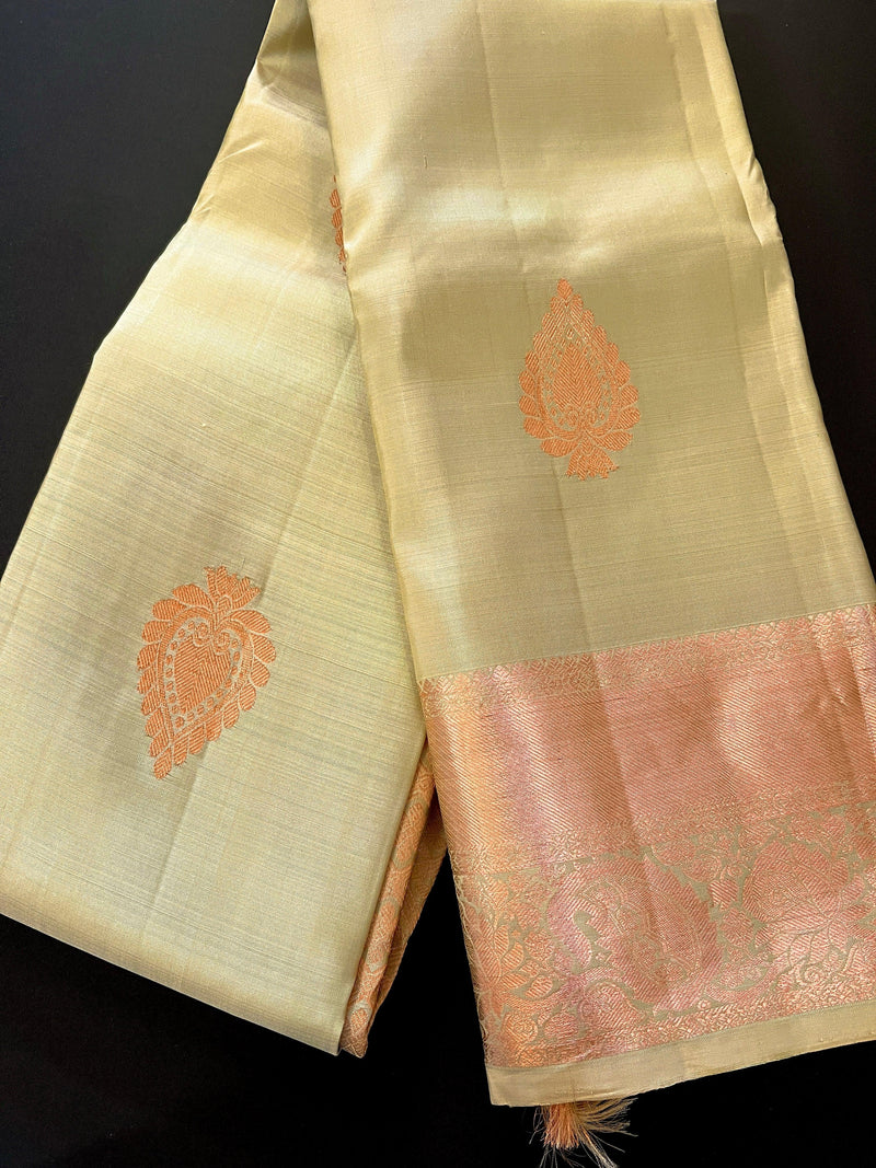 Lime Pure Kanjivaram Silk Saree with Goldish Copper Zari Weave | Heirloom Kanchipuram Pure Silk Sari | SILK MARK CERTIFIED Saree - Kaash