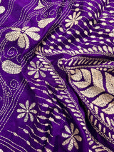 Purple Color Kantha Stitch Saree - Bangalori Silk Saree - Handwoven Kantha Stitch Sarees - Silk Sarees - Kantha Stitch Silk Saree - Kaash