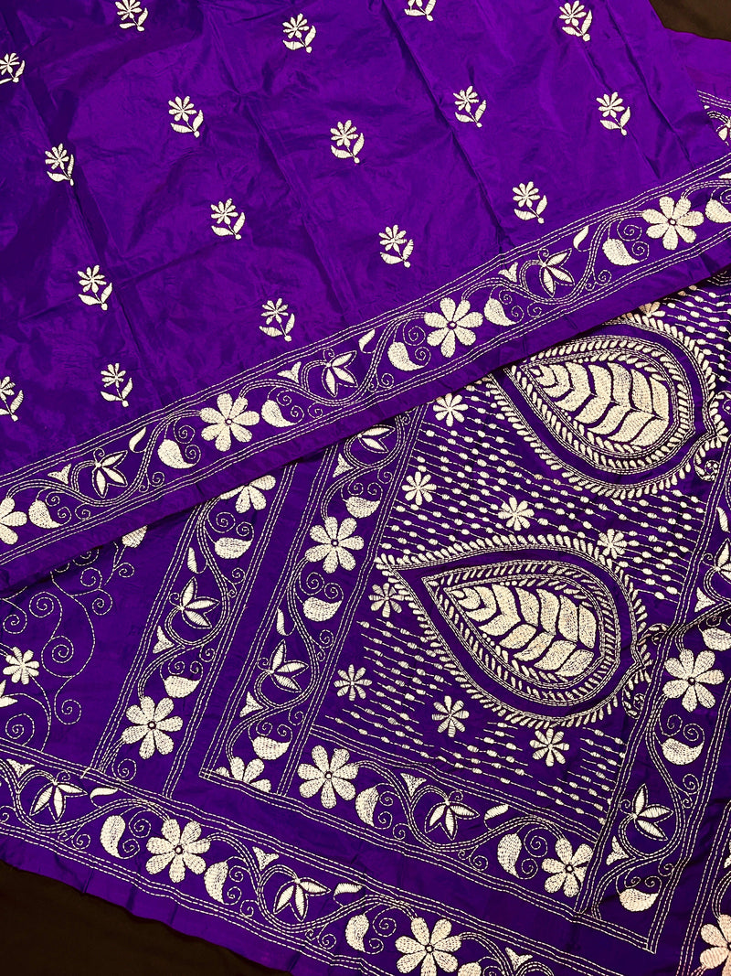 Purple Color Kantha Stitch Saree - Bangalori Silk Saree - Handwoven Kantha Stitch Sarees - Silk Sarees - Kantha Stitch Silk Saree - Kaash