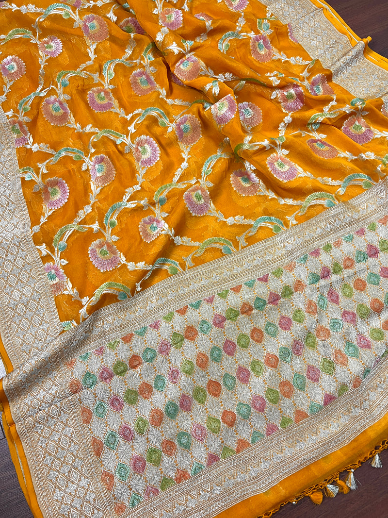 Turmeric Yellow Pure Khaddi Georgette Silk Saree with Water Zari and Hand Brush | Floral Saree | SILK MARK CERTIFIED