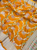 Turmeric Yellow Pure Khaddi Georgette Silk Saree with Water Zari and Hand Brush | Floral Saree | SILK MARK CERTIFIED