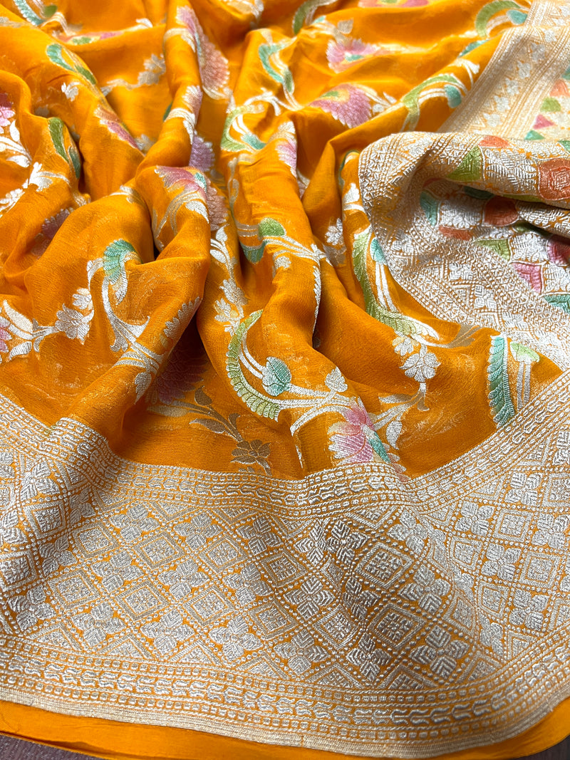 Turmeric Yellow Pure Khaddi Georgette Silk Saree with Water Zari and Hand Brush | Floral Saree | SILK MARK CERTIFIED