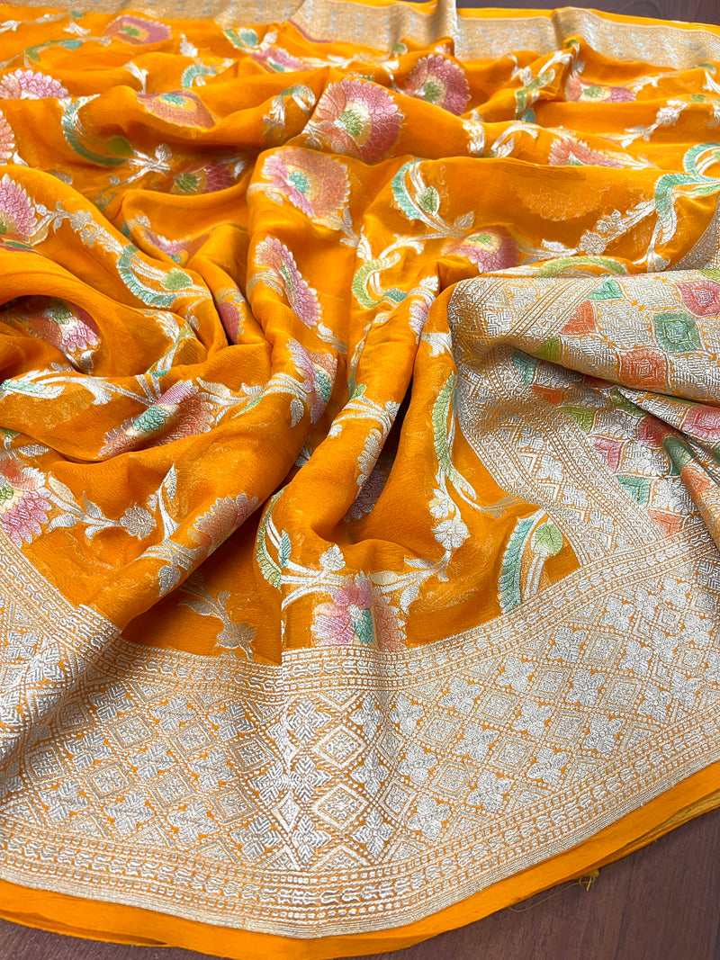 Turmeric Yellow Pure Khaddi Georgette Silk Saree with Water Zari and Hand Brush | Floral Saree | SILK MARK CERTIFIED