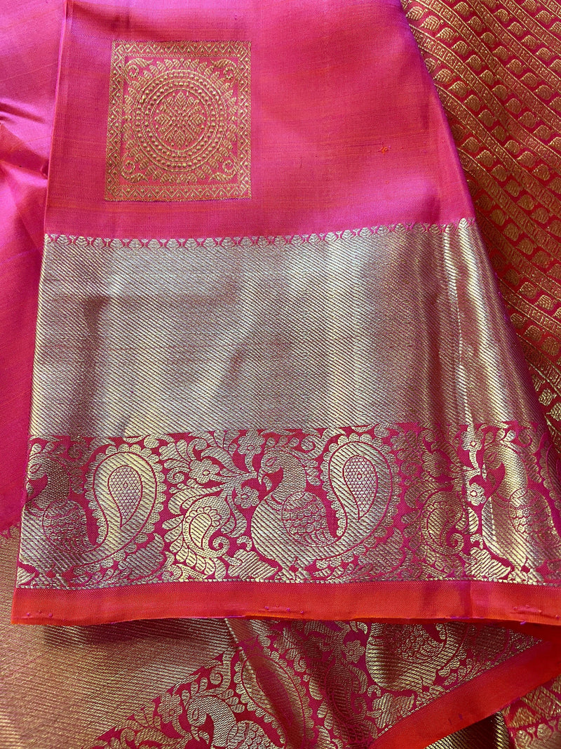 Peach Pink Pure Kanjivaram Silk Saree - Gold Zari Weave - Heirloom Pure Silk dual tone Sari - SILK MARK CERTIFIED - Kaash