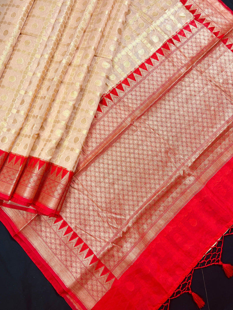 Beige and Red Semi Banarasi Silk Saree - Handmade Soft Silk Sarees - Banarasi Saree- Sarees in USA - Festive and Party Wear Saree - Saree for Gift - Kaash