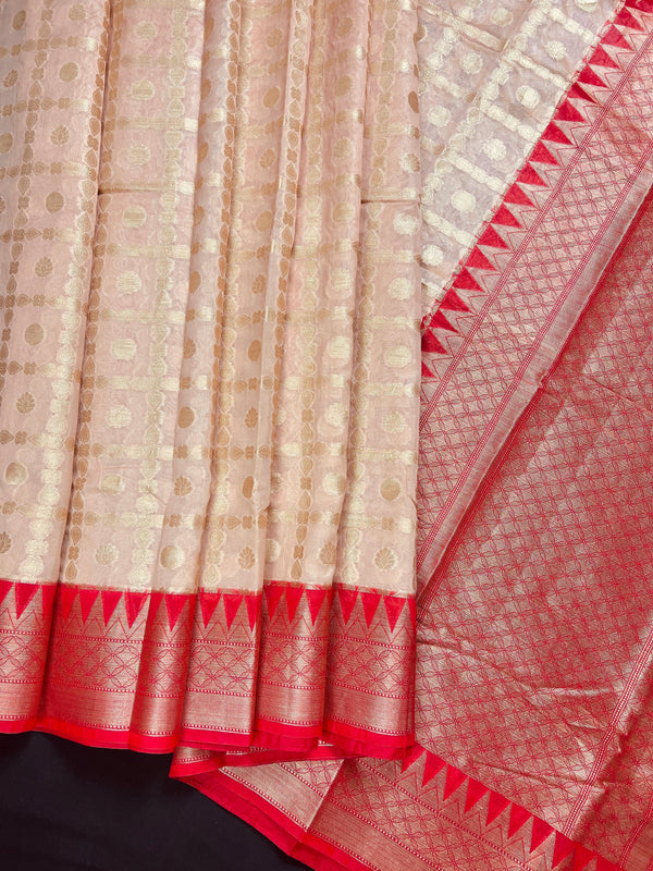 Beige and Red Semi Banarasi Silk Saree - Handmade Soft Silk Sarees - Banarasi Saree- Sarees in USA - Festive and Party Wear Saree - Saree for Gift - Kaash