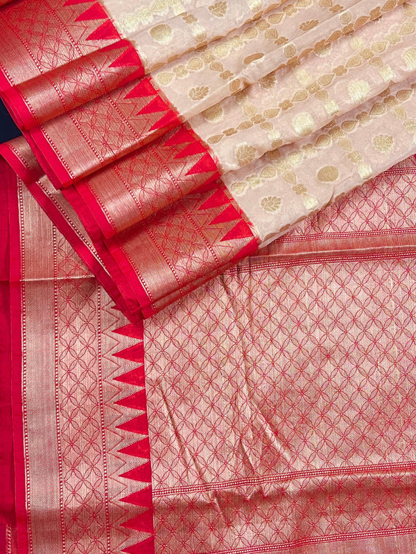 Beige and Red Semi Banarasi Silk Saree - Handmade Soft Silk Sarees - Banarasi Saree- Sarees in USA - Festive and Party Wear Saree - Saree for Gift - Kaash