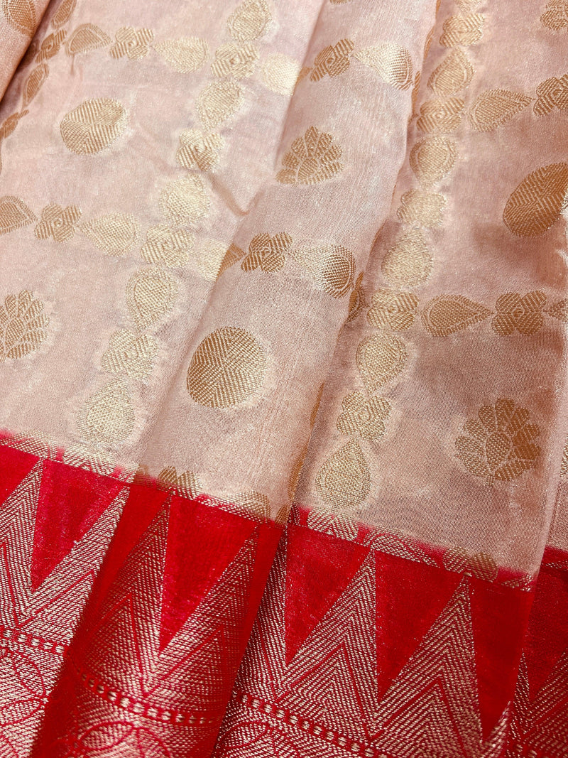 Beige and Red Semi Banarasi Silk Saree - Handmade Soft Silk Sarees - Banarasi Saree- Sarees in USA - Festive and Party Wear Saree - Saree for Gift - Kaash