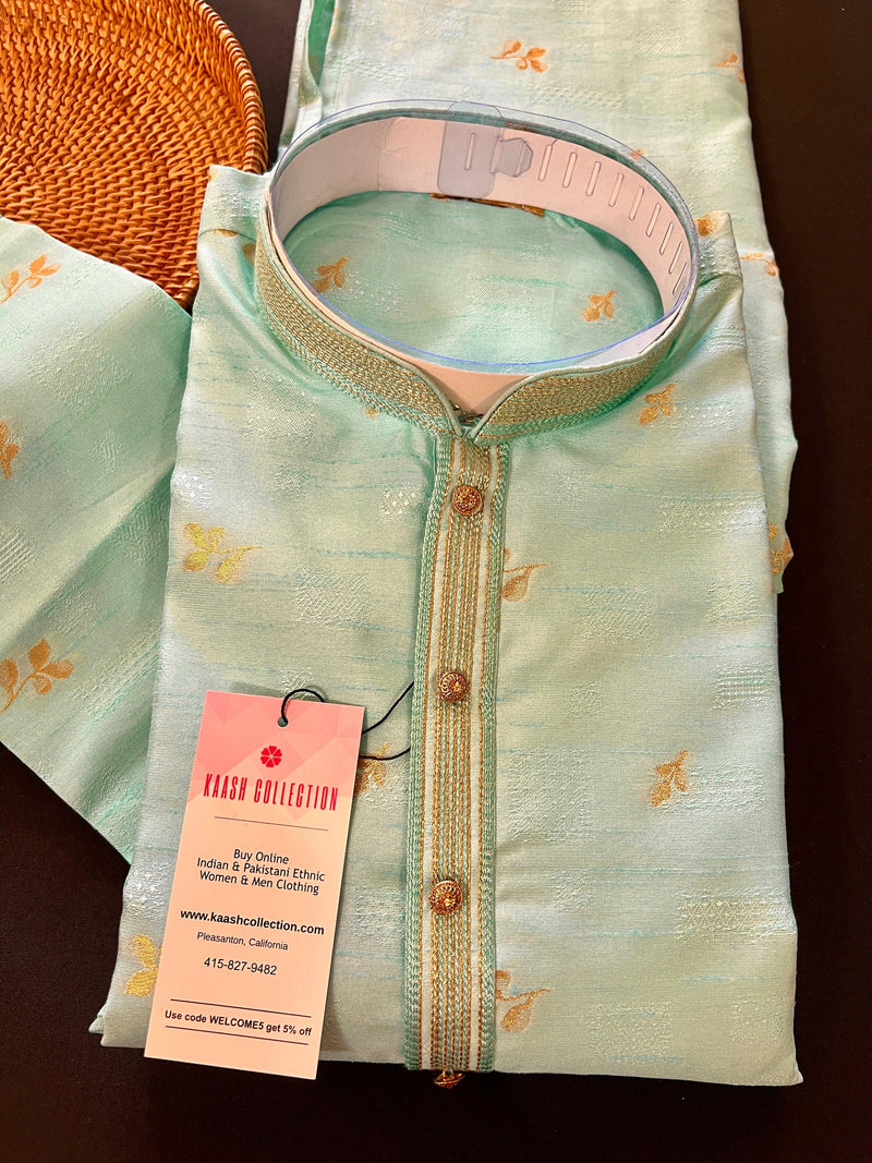 Designers Sea Green with tint of Blue Silk Men Kurta Pajama Floral Pattern | Mens Ethnic Wedding Wear | Indian Wedding Men Outfit - Kaash