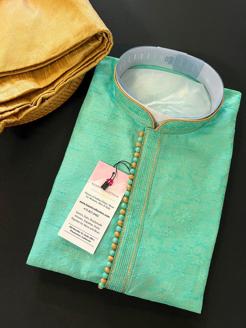 Sea Green Cotton Silk Kurta Pajama for Men - Mens Ethnic Outfit - Indian Men Kurta in USA - Cotton Silk Mens Kurta - Kurta with Self Design - Kaash