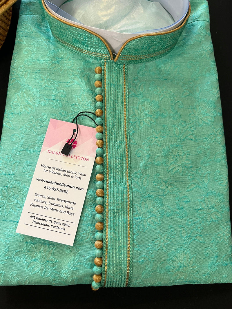 Sea Green Cotton Silk Kurta Pajama for Men - Mens Ethnic Outfit - Indian Men Kurta in USA - Cotton Silk Mens Kurta - Kurta with Self Design - Kaash