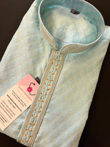 Light Sea Blue Men Kurta Pajama Set - Embroidery neckline - Mens Ethnic Wear - Pastel Color Kurta for Men - Silk Kurta Pajama for Men - Kaash