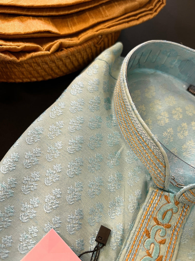 Light Sea Blue Men Kurta Pajama Set - Embroidery neckline - Mens Ethnic Wear - Pastel Color Kurta for Men - Silk Kurta Pajama for Men - Kaash