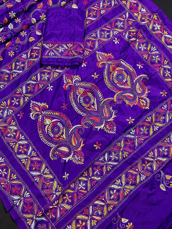 Purple Color Kantha Stitch Saree - Bangalori Silk Saree - Handwoven Kantha Stitch Saree - Multi Color - Kantha Stitch Silk Saree - Kaash